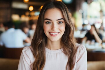 Smiling woman at a cozy café, radiating warmth and friendliness, in soft lighting, symbolizing positivity, relaxation, and a welcoming atmosphere for social moments