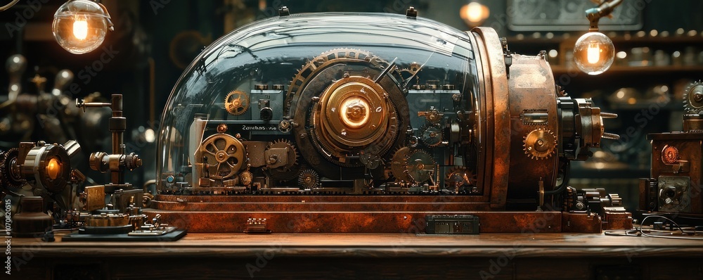Aufkleber steampunk-style mechanical device with gears and a glowing core under a glass dome