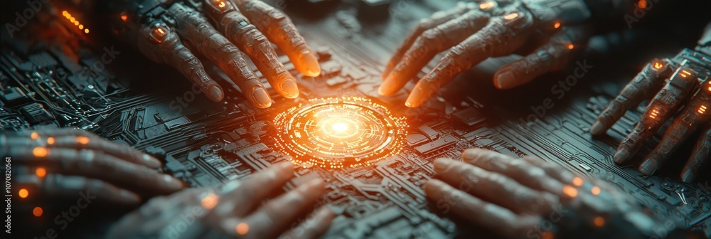 Poster robotic hands surrounding a glowing circuit board