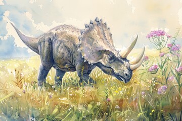 Fototapeta premium Triceratops grazing in summer meadow watercolor illustration