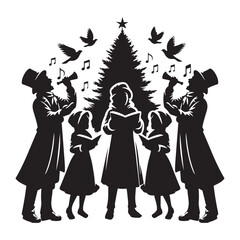 Christmas Carolers Singing silhouette vector art black color design and solid white background 