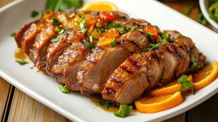 Crispy roasted duck served on a white plate with garnishes of fresh herbs, sliced oranges, and vegetables, creating an elegant presentation.