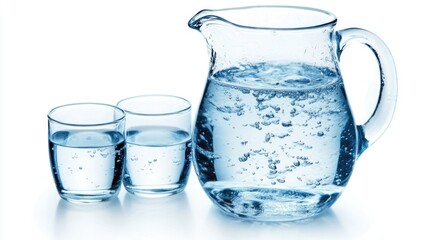 Crystal-clear water in a glass jug, with two glasses nearby, arranged on a clean white background for a refreshing, minimalist look.