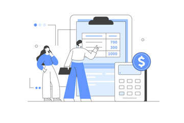 Family income. Characters planning and bookkeeping budget and household spending. People making savings. Financial management concept. Vector Illustration, icon. Stylish, Minimalist 