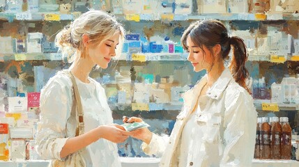 Obraz premium customer exchanges money cashier while purchasing cigarettes brightly lit store both dressed casually and engaging everyday transaction