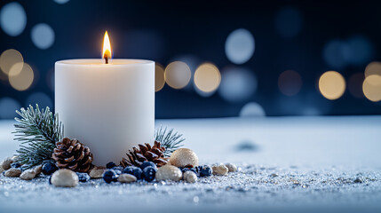 A lit white candle surrounded by pinecones and seasonal decorations on a snowy surface during the winter season