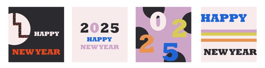 Set of Happy New Year 2025 posters. Modern abstract templates for invitation cards, banner, branding, cover.