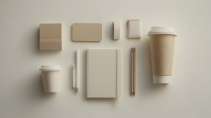 A minimalist flat lay of office supplies including a notebook, pencils, pens, sticky notes, a business card, an eraser, a cardboard cup of coffee and a to-go container.