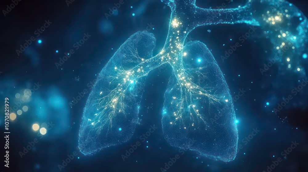 Poster abstract representation of human lungs with glowing particles, symbolizing health and vitality.