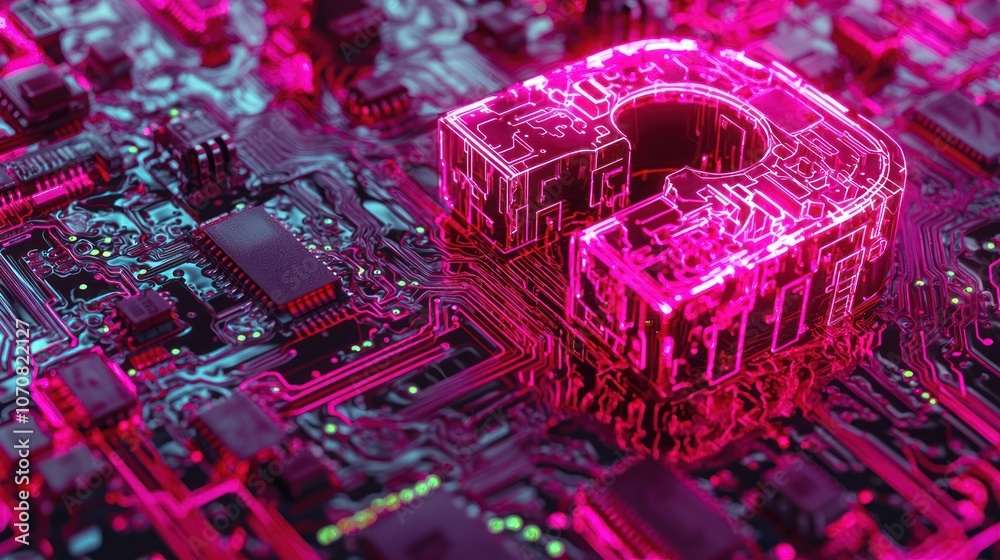 Aufkleber glowing pink circuit board with a 3d rendered shape