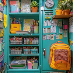 An Organized Turquoise Cabinet Filled with Art Supplies