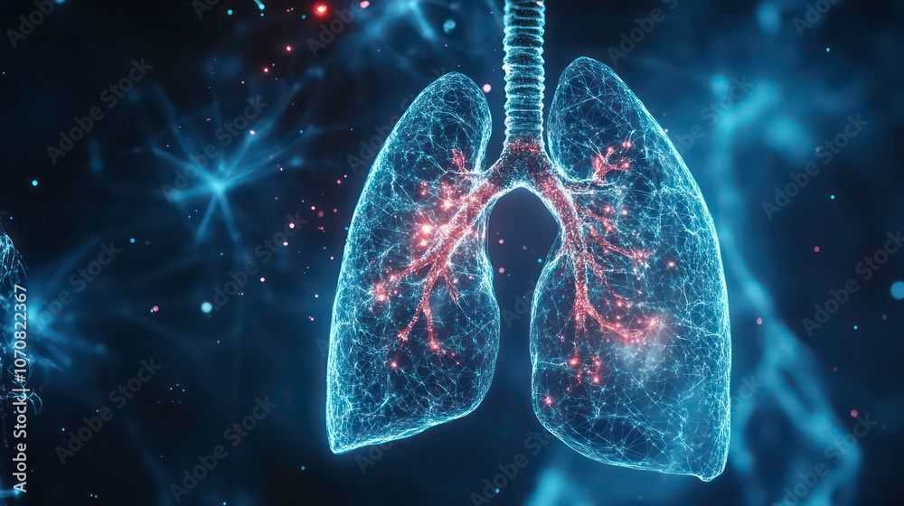 Poster the human lungs are represented as glowing nodes and abstract connections in a blue digital environm