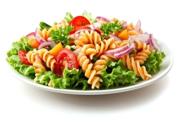 Colorful vegetable pasta salad served on a white plate, showcasing fresh ingredients and vibrant colors. Generative AI
