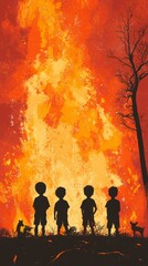 Fototapeta premium Children gather around a radiant fire embracing nature's enchantment and the spirit of adventure