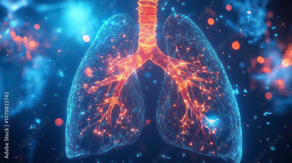 Poster A digital representation of human lungs with intricate branching structures.