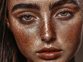 Close-Up Portrait with Glitter Accent, Delicate Skin Texture, Facial Detail Enhancement	