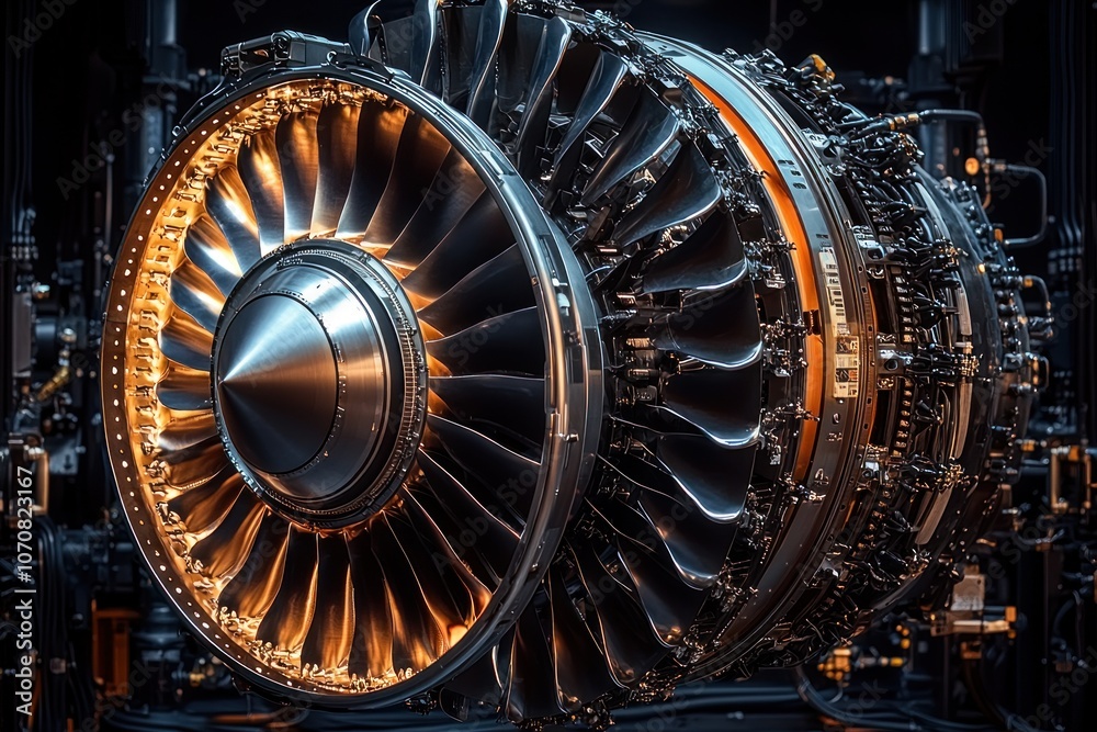 Poster close-up of a jet engine with exposed blades and internal components