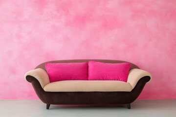 Cozy brown sofa with pink cushions illustration set against a soft pink wall, styled in warm tones and minimal design for interior decor and comfort living concepts