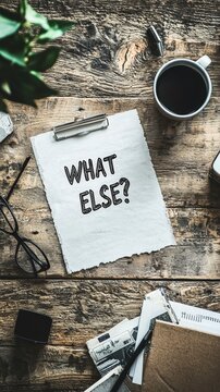 A page with 'WHAT ELSE?' lies on a wooden desk accompanied by a cup of coffee and stationery, evoking a cozy and thoughtful environment for ideas.