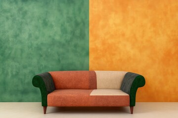 Modern Rustic and Beige  Sofa Against a Green and Orange Vibrant  Wall