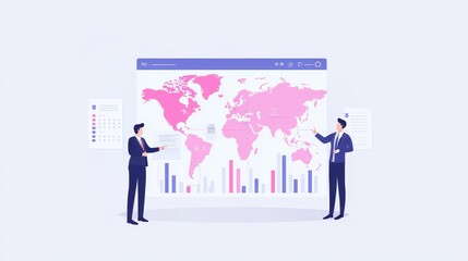 Fototapeta premium Business professionals analyze global data trends using interactive infographics for strategic decision-making