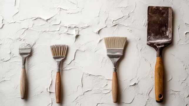 Wall plastering tools and smooth finishing texture, close-up on a white background.