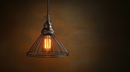 Obraz premium Industrial-style ceiling lamp fixture lit against a dark ceiling, casting subtle light and shadow for an urban ambiance.