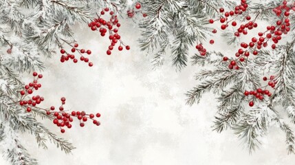 Winter foliage border featuring snow-dusted fir branches and red berries, elegant on white.