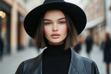 A fashionable woman with a bob haircut wearing a black hat and leather jacket, standing on a city street. The background is blurred, highlighting her stylish appearance