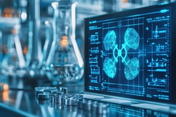 Fototapeta premium Advanced medical technology display shows kidney analysis on a lab monitor with scientific equipment
