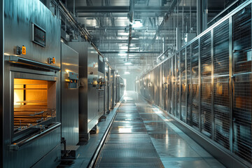 Fototapeta premium Large industrial building with many ovens and a man in the middle. Scene is industrial and possibly dangerous