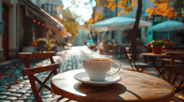 Steaming coffee on a table at an outdoor caf&eacute;, creating a cozy and inviting atmosphere  
Seamless looping 4k time-lapse virtual video animation Generated AI