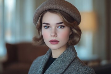 A young woman with short brown hair wearing a beret and a gray coat, posing indoors with a soft-focus background