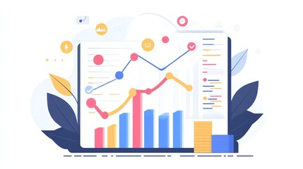 Abstract data visualization with colorful graphs and statistics on digital screen.