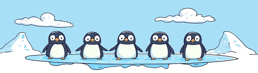 Obraz premium Five playful penguins gather on ice in a colorful arctic scene for an adorable winter adventure