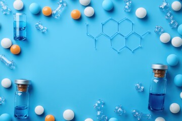 Colorful assortment of pills, vials, and molecular structure on a vibrant blue background