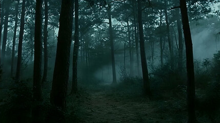 Obraz premium A misty path winds through a dense, shadowy forest, with sunlight filtering through the trees.