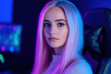 A young woman with long pink and blonde hair sits in a dimly lit room with neon lights, wearing a white sweater. The background features a blurred computer screen, suggesting a gaming or streaming set