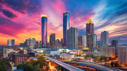 A scenic view of downtown Atlanta, Georgia, with the city skyline lit up at sunset, capturing its vibrant energy.