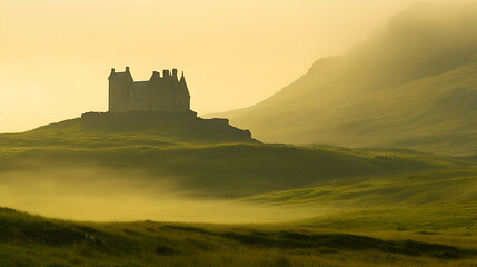 Fototapeta premium A misty sunrise illuminates a historic castle perched atop a hill, with rolling green hills stretching out in the foreground.