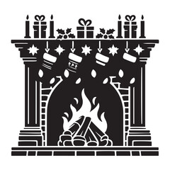 Cozy Fireplace with Stockings silhouette vector art black color design and solid white background 