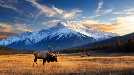 A scenic view of Jasper National Park in Alberta, with elk grazing in the fields and snow-capped mountains in the background.