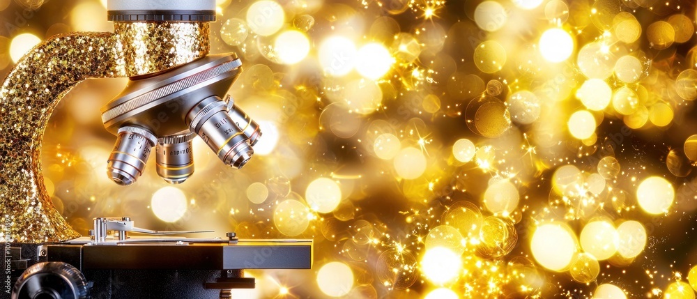 Aufkleber a gold-covered microscope with a bokeh background