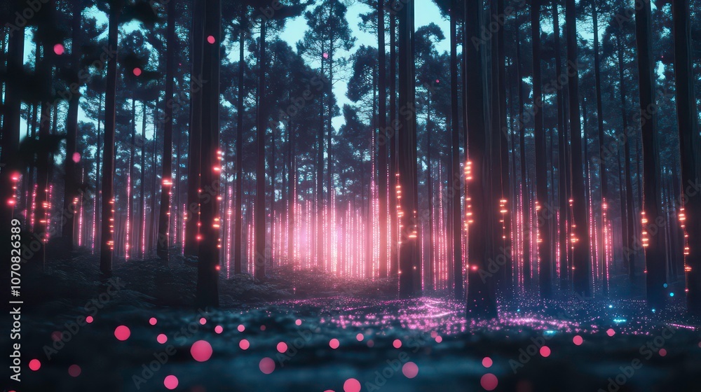 Aufkleber a serene forest scene with ethereal lights illuminating the trees and ground.