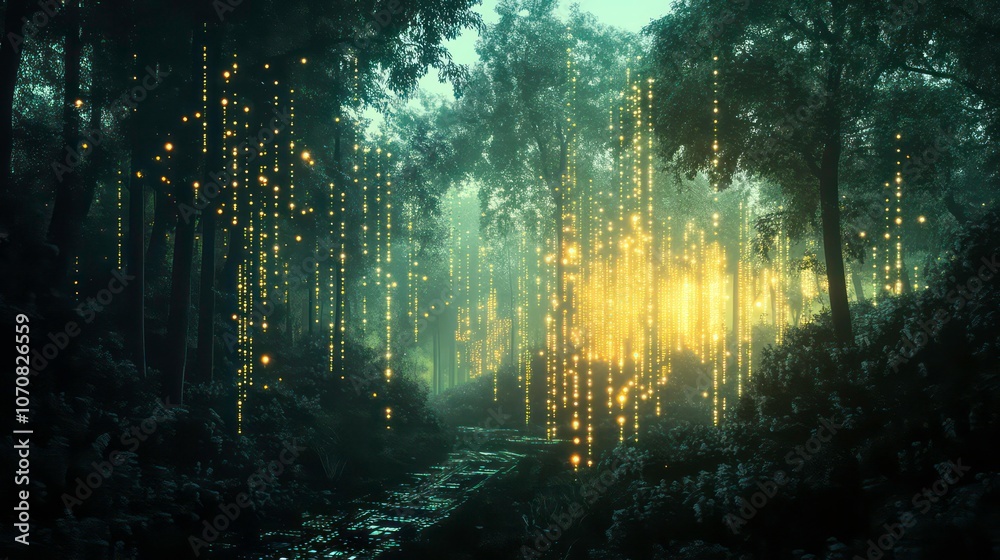 Poster the concept of a futuristic digital forest landscape with glowing network lights