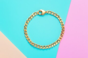 Fototapeta premium Shiny gold Cuban link bracelet on a vibrant blue and pink background. Classic jewelry piece reflecting light, perfect for fashion and style imagery