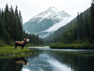 A scenic view of the Alaskan wilderness, with snowy mountains, evergreen trees, and a moose in the foreground.