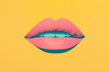 A vibrant illustration of a pair of lips against a bright yellow background. The lips are painted in shades of pink with a glossy finish, showcasing a modern and artistic style