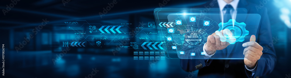 Poster access management. businessman touching interface and initiating, access management system, security