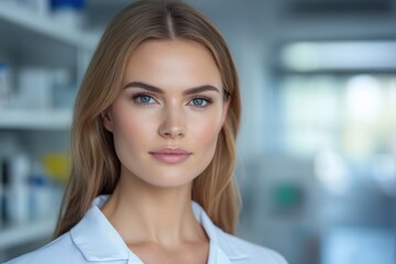 A close-up portrait of a young woman with long blonde hair and striking blue eyes, wearing a white lab coat. She has a natural and confident expression, set against a pharmacy medicine blur background